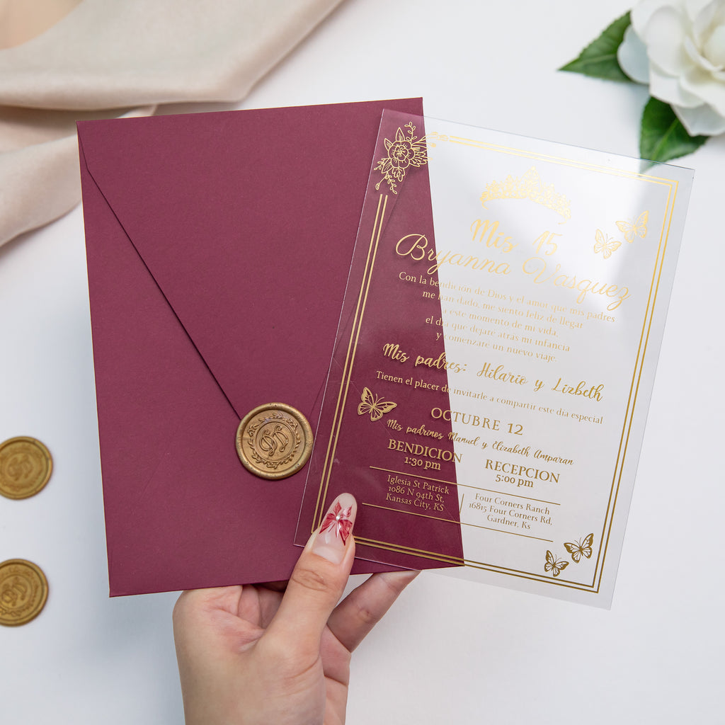 PONATIA 1mm/0.04'' Foil Print in Gold Clear Acrylic  Quinceanera Invitation Cards  and Burgundy Envelopes