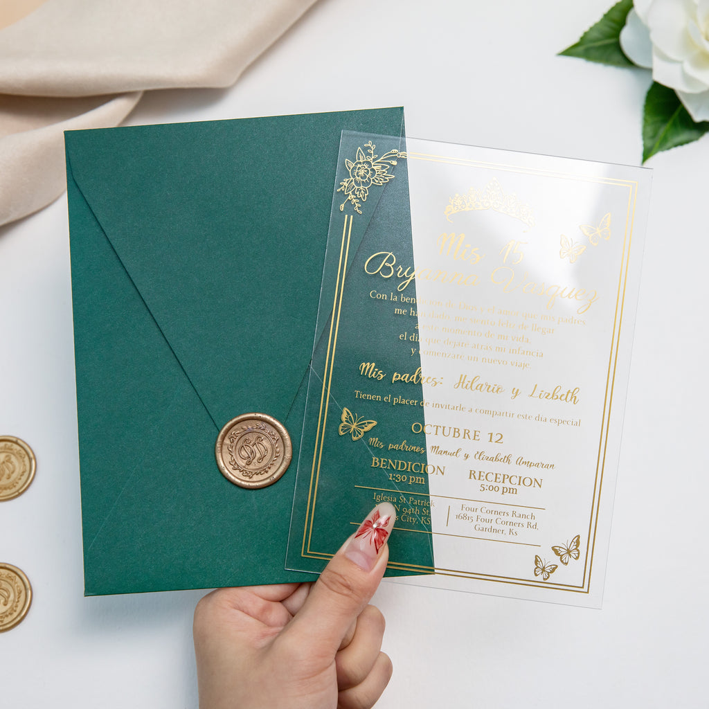 PONATIA 1mm/0.04'' Foil Print in Gold Clear Acrylic  Quinceanera Invitation Cards  and Emerald Green Envelopes