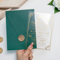 PONATIA 1mm/0.04'' Foil Print in Gold Clear Acrylic  Quinceanera Invitation Cards  and Emerald Green Envelopes