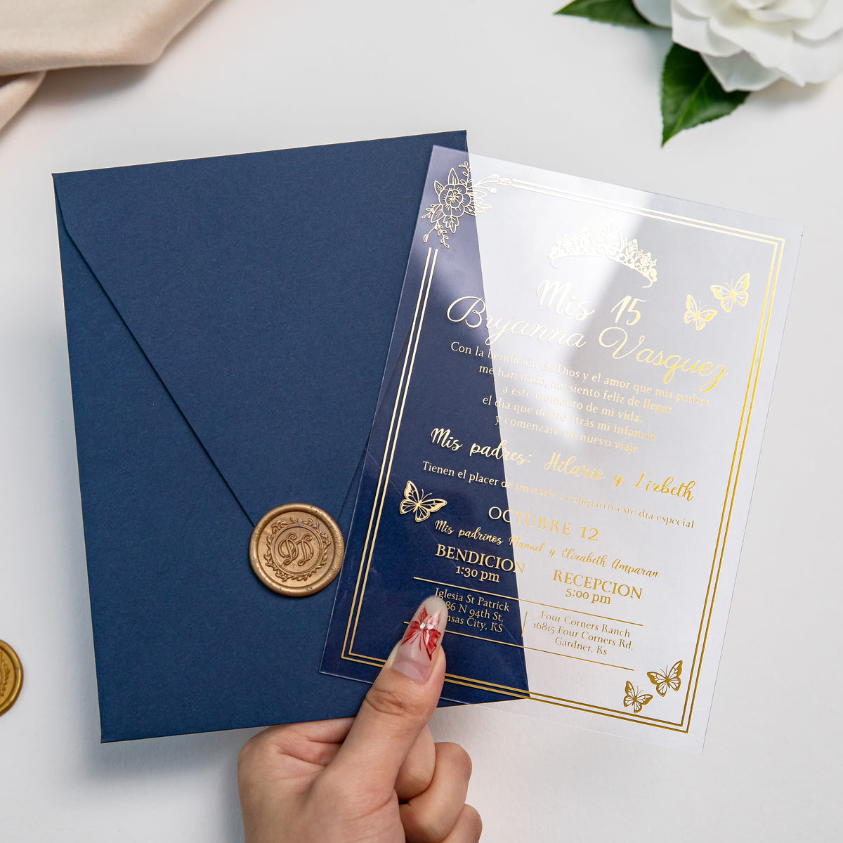 PONATIA 1mm/0.04'' Foil Print in Gold Clear Acrylic  Quinceanera Invitation Cards  and Navy Blue Envelopes