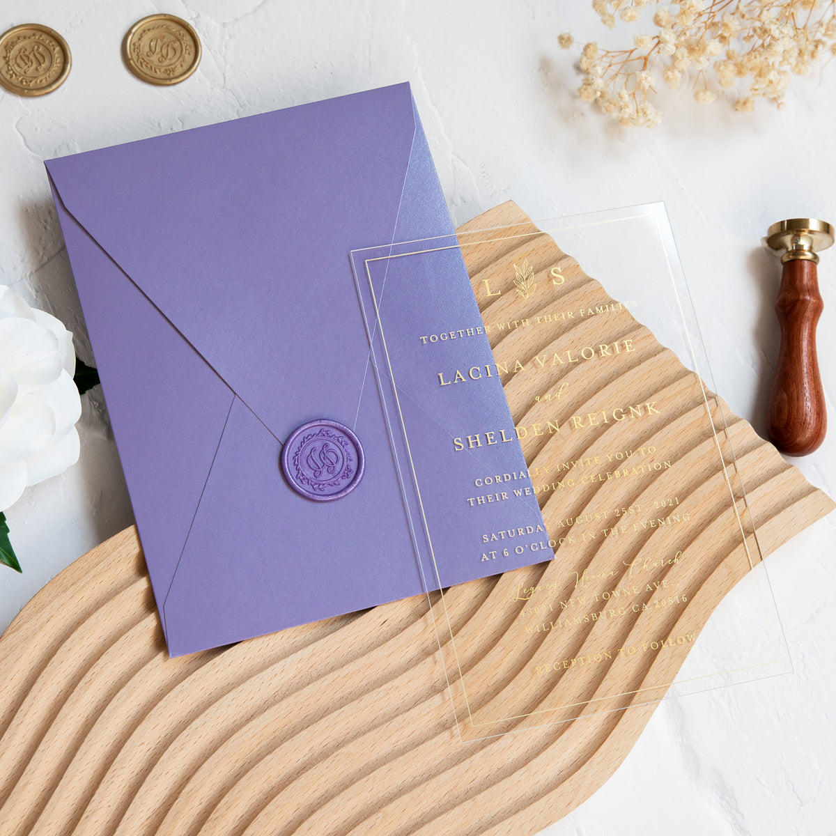 PONATIA 1mm/0.04'' Foil Print in Gold Clear Acrylic Wedding Invitation Cards and Lilac Envelopes