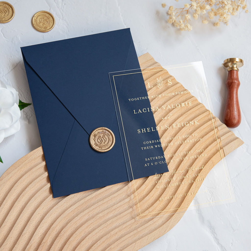PONATIA 1mm/0.04'' Foil Print in Gold Clear Acrylic Wedding Invitation Cards and Navy Blue Envelopes