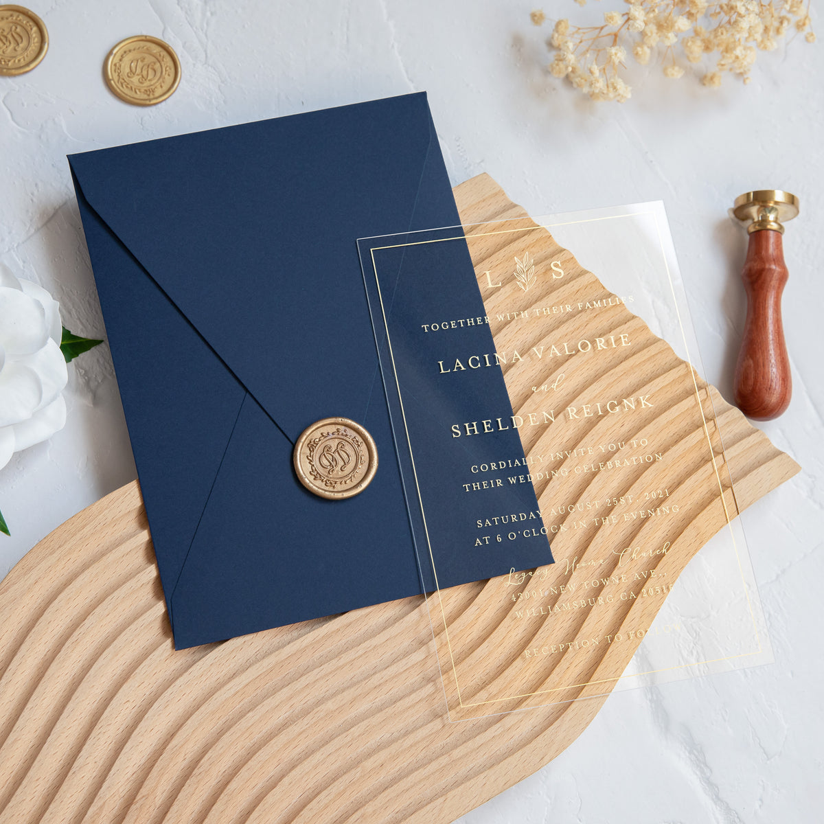 PONATIA 1mm/0.04'' Foil Print in Gold Clear Acrylic Wedding Invitation Cards and Navy Blue Envelopes