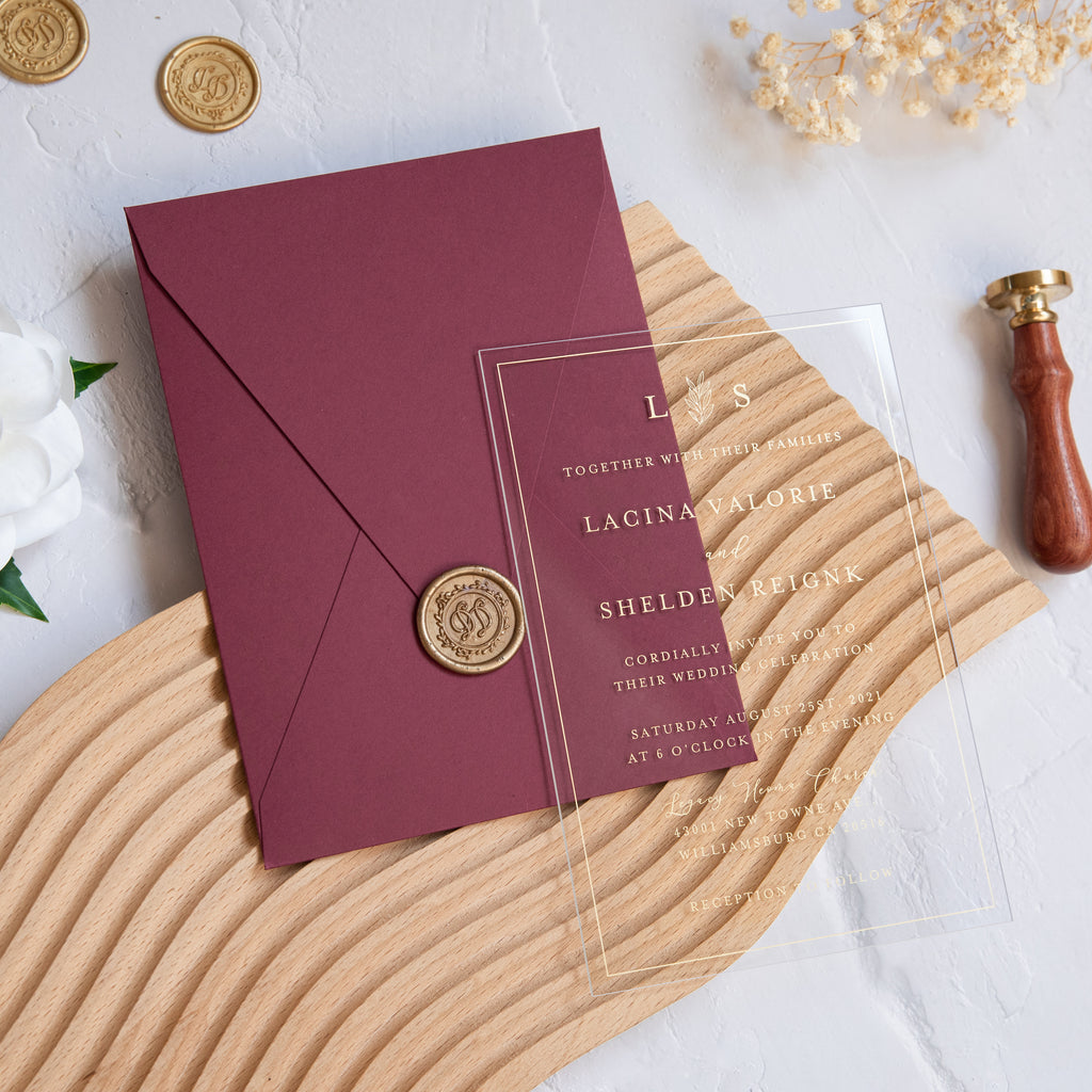 PONATIA 1mm/0.04'' Foil Print in Gold Clear Acrylic Wedding Invitation Cards and Burgundy Envelopes