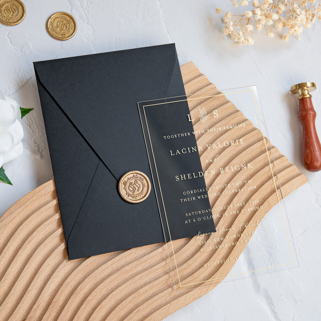 PONATIA 1mm/0.04'' Foil Print in Gold Clear Acrylic Wedding Invitation Cards and Black Envelopes