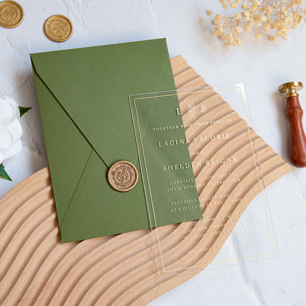 PONATIA 1mm/0.04'' Foil Print in Gold Clear Acrylic Wedding Invitation Cards and Olive Green Envelopes