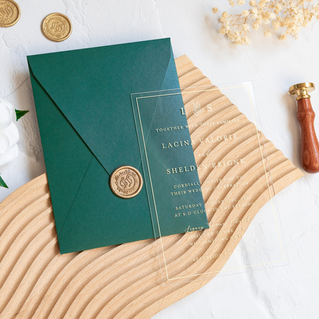 PONATIA 1mm/0.04'' Foil Print in Gold Clear Acrylic Wedding Invitation Cards and Emerald Green Envelopes