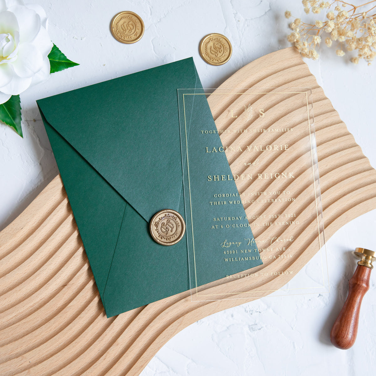PONATIA 1mm/0.04'' Foil Print in Gold Clear Acrylic Wedding Invitation Cards and Emerald Green Envelopes