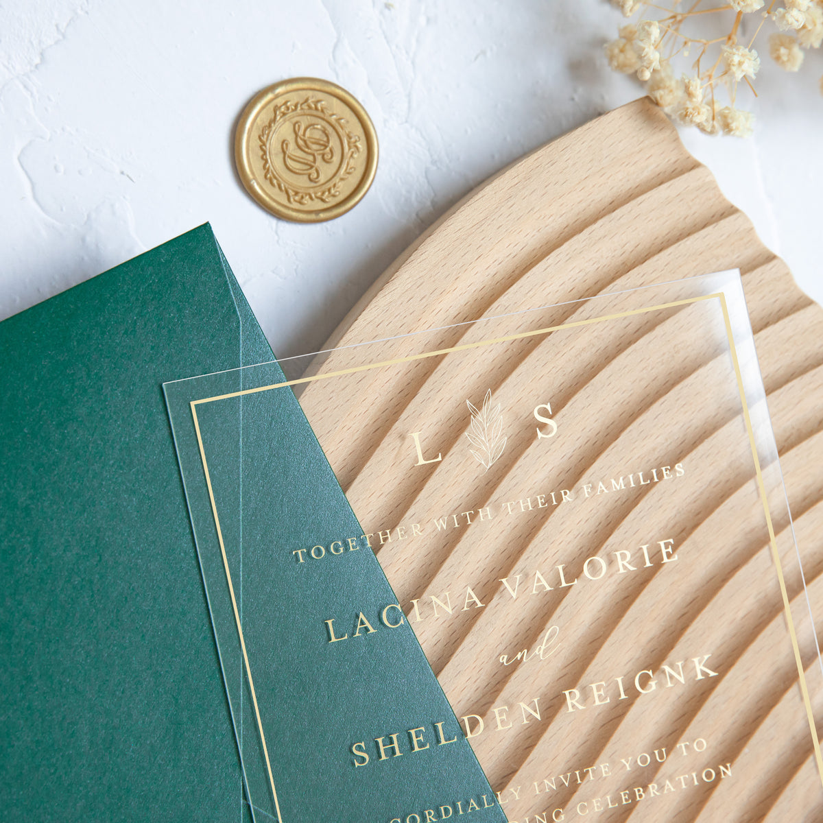 PONATIA 1mm/0.04'' Foil Print in Gold Clear Acrylic Wedding Invitation Cards and Emerald Green Envelopes