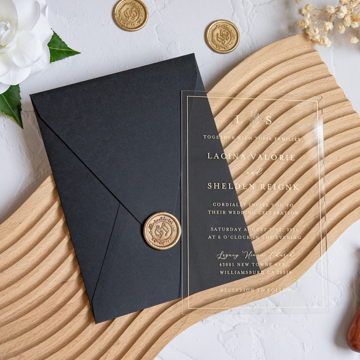 PONATIA 1mm/0.04'' Foil Print in Gold Clear Acrylic Wedding Invitation Cards and Black Envelopes