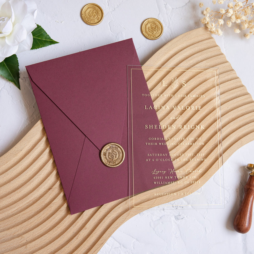 PONATIA 1mm/0.04'' Foil Print in Gold Clear Acrylic Wedding Invitation Cards and Burgundy Envelopes