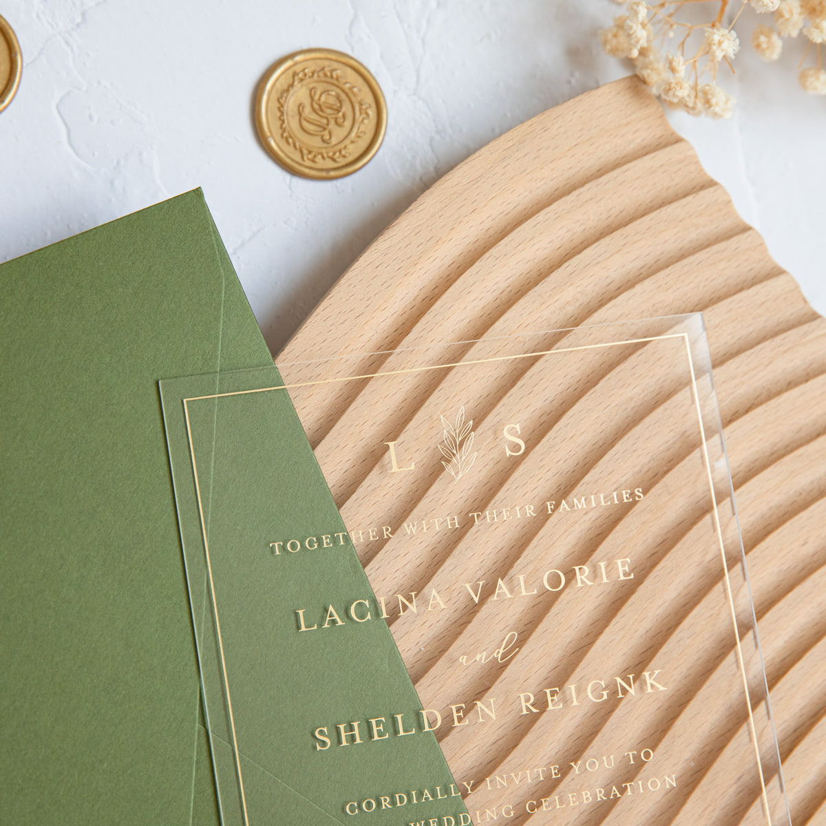 PONATIA 1mm/0.04'' Foil Print in Gold Clear Acrylic Wedding Invitation Cards and Olive Green Envelopes