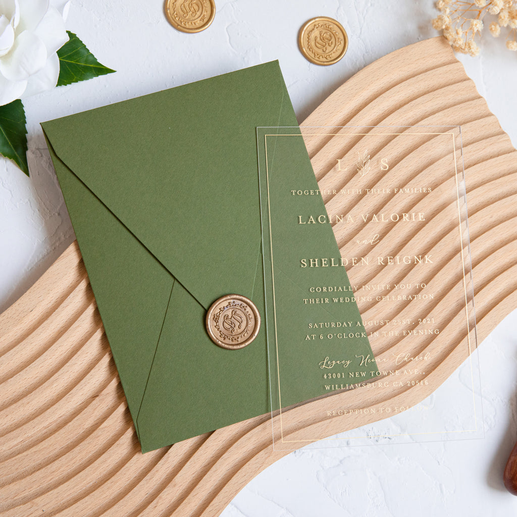 PONATIA 1mm/0.04'' Foil Print in Gold Clear Acrylic Wedding Invitation Cards and Olive Green Envelopes