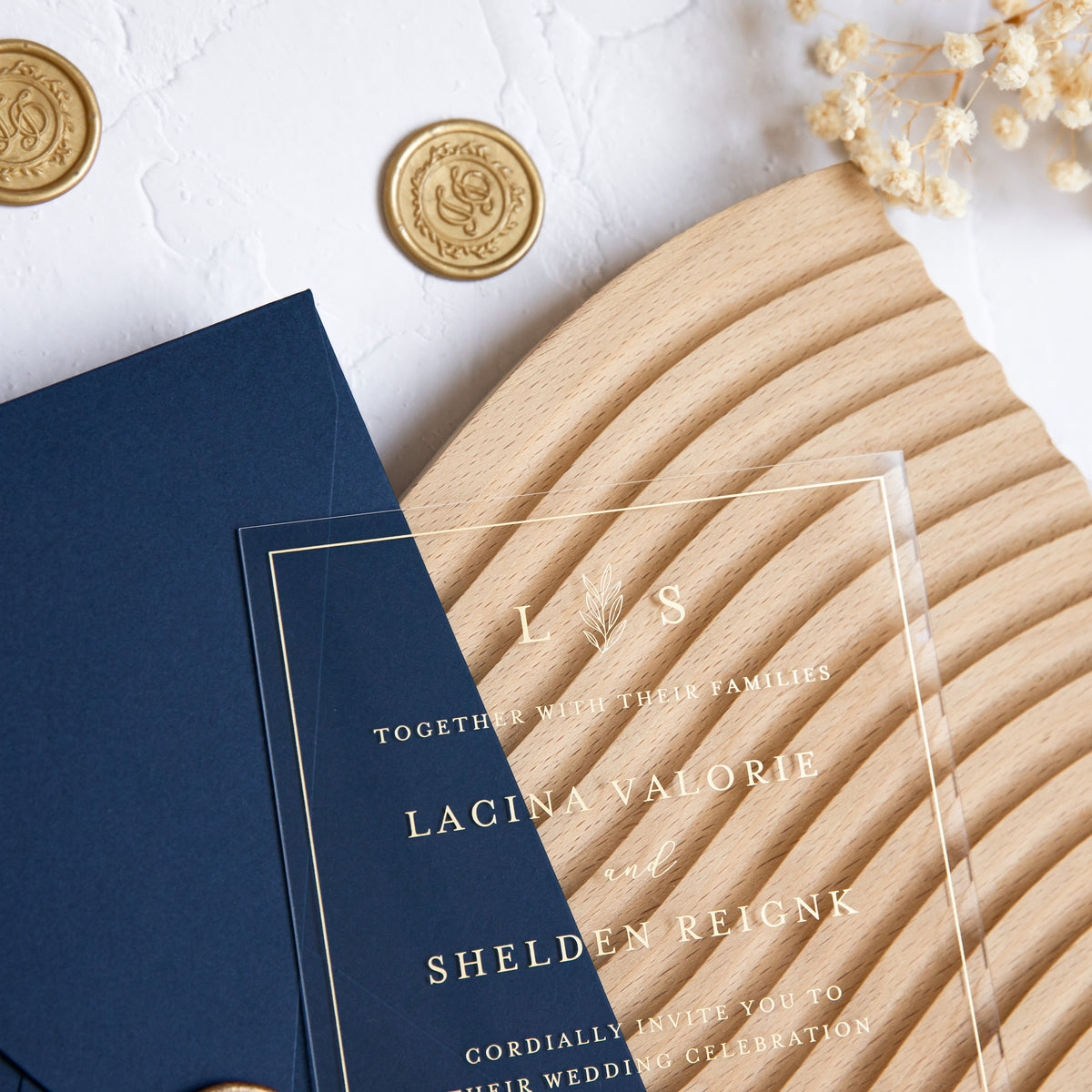 PONATIA 1mm/0.04'' Foil Print in Gold Clear Acrylic Wedding Invitation Cards and Navy Blue Envelopes