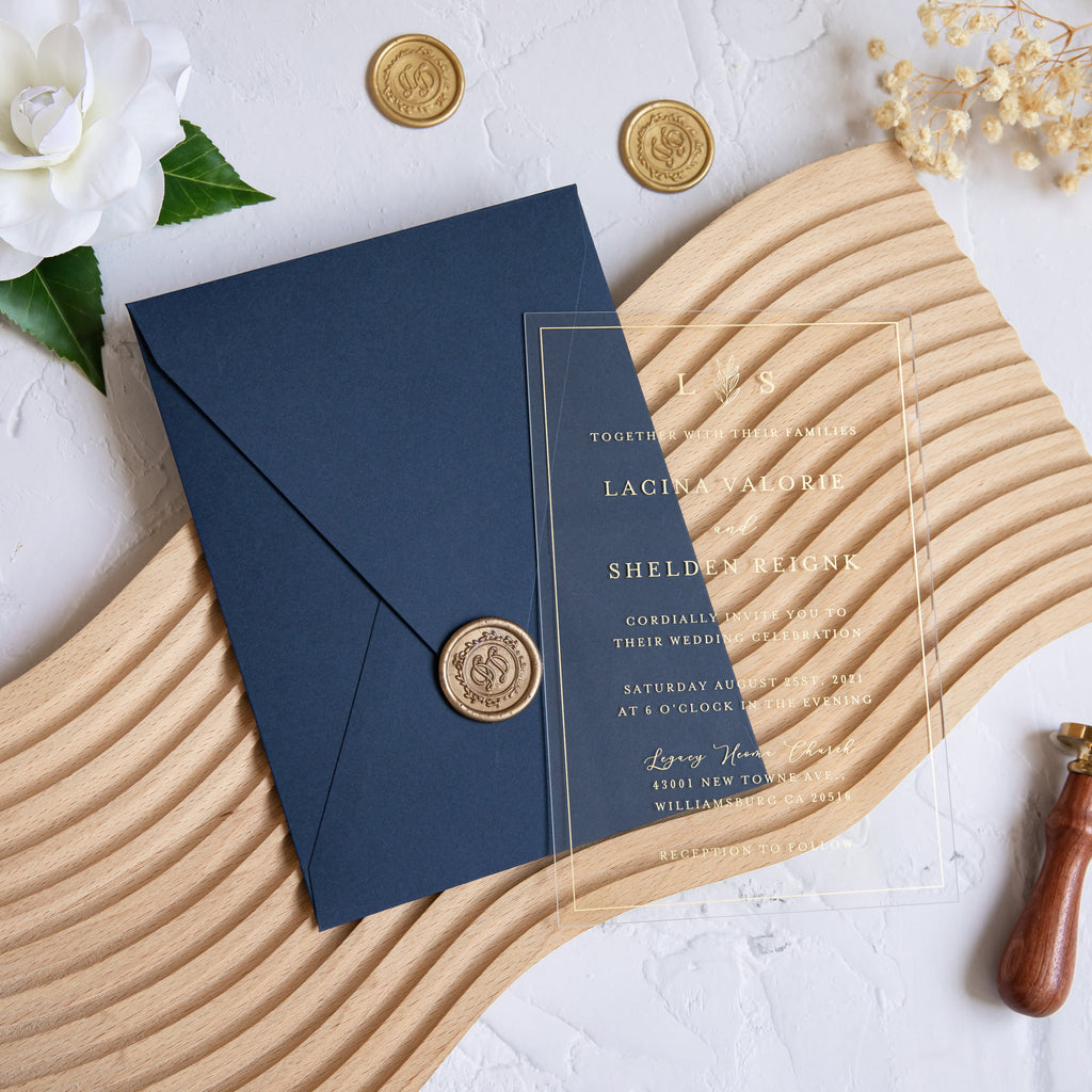PONATIA 1mm/0.04'' Foil Print in Gold Clear Acrylic Wedding Invitation Cards and Navy Blue Envelopes