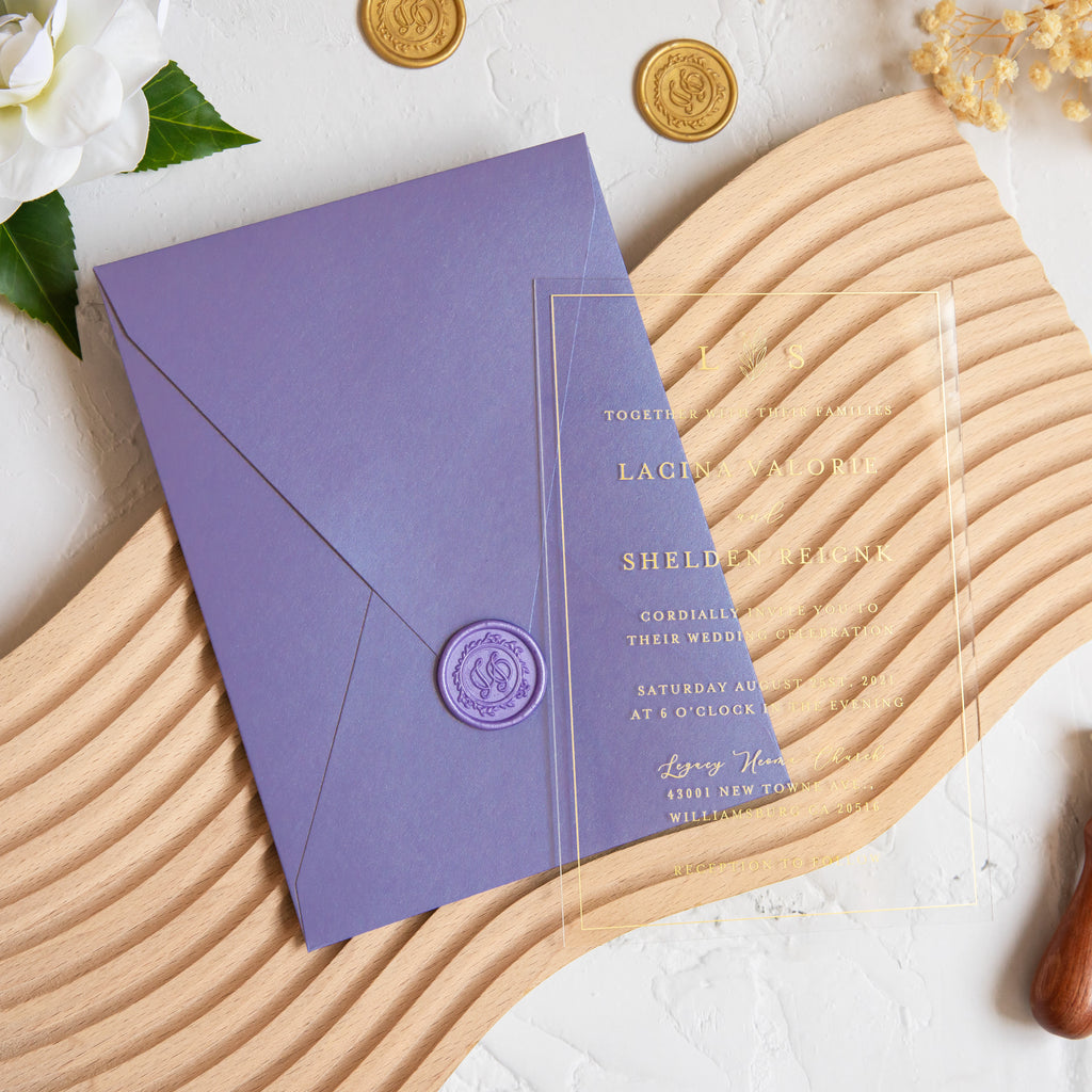 PONATIA 1mm/0.04'' Foil Print in Gold Clear Acrylic Wedding Invitation Cards and Lilac Envelopes