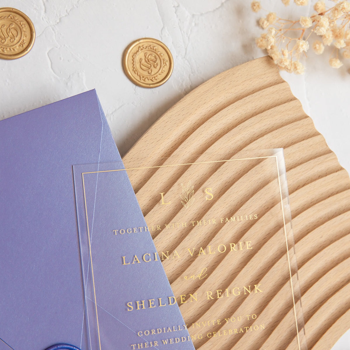 PONATIA 1mm/0.04'' Foil Print in Gold Clear Acrylic Wedding Invitation Cards and Lilac Envelopes