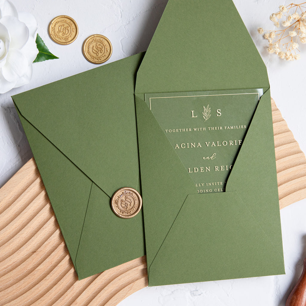 PONATIA 1mm/0.04'' Foil Print in Gold Clear Acrylic Wedding Invitation Cards and Olive Green Envelopes