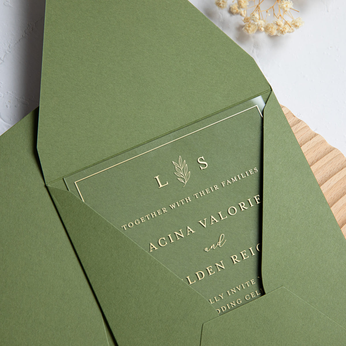 PONATIA 1mm/0.04'' Foil Print in Gold Clear Acrylic Wedding Invitation Cards and Olive Green Envelopes