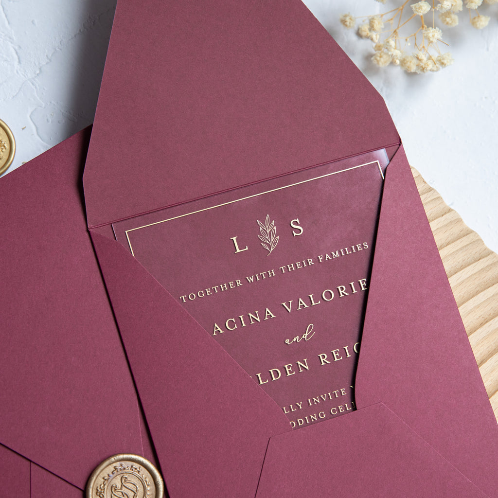 PONATIA 1mm/0.04'' Foil Print in Gold Clear Acrylic Wedding Invitation Cards and Burgundy Envelopes
