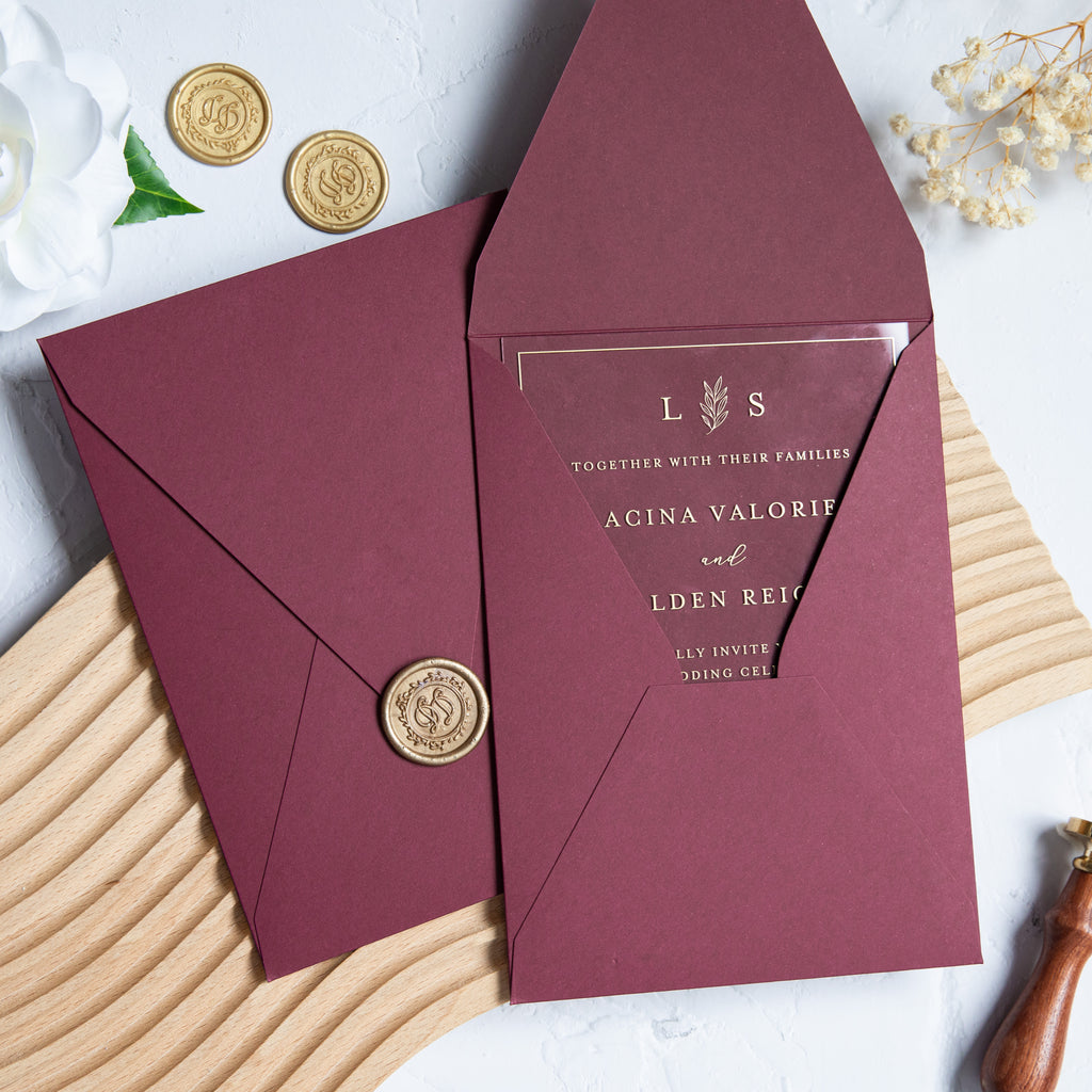 PONATIA 1mm/0.04'' Foil Print in Gold Clear Acrylic Wedding Invitation Cards and Burgundy Envelopes