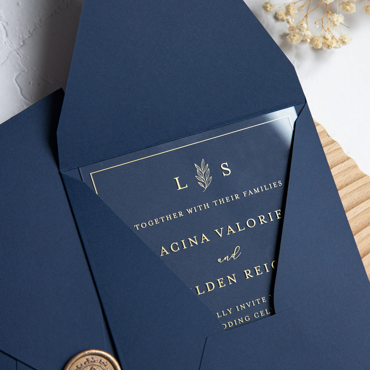 PONATIA 1mm/0.04'' Foil Print in Gold Clear Acrylic Wedding Invitation Cards and Navy Blue Envelopes