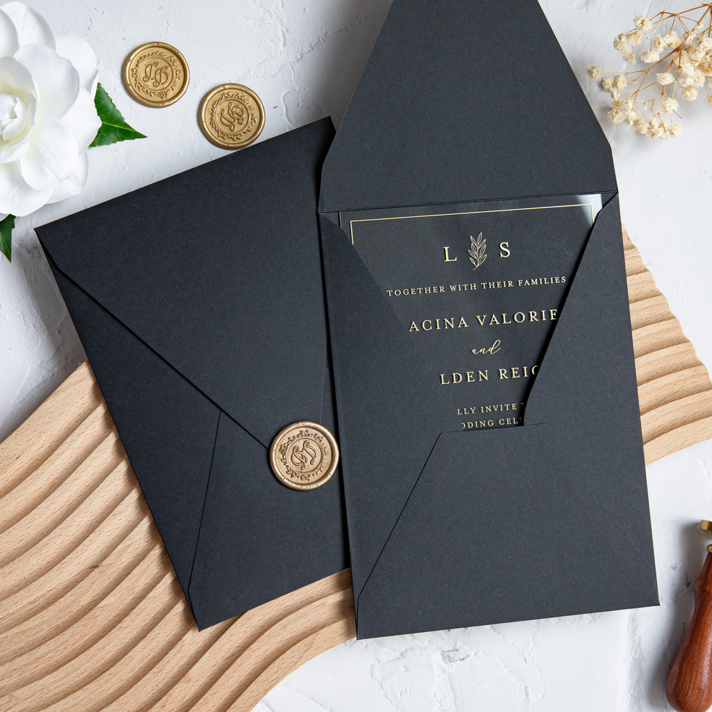 PONATIA 1mm/0.04'' Foil Print in Gold Clear Acrylic Wedding Invitation Cards and Black Envelopes