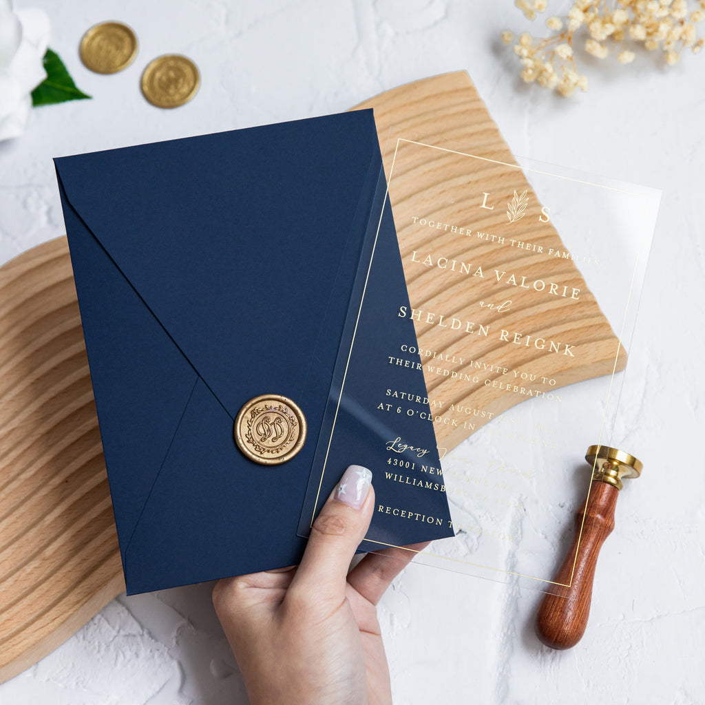 PONATIA 1mm/0.04'' Foil Print in Gold Clear Acrylic Wedding Invitation Cards and Navy Blue Envelopes