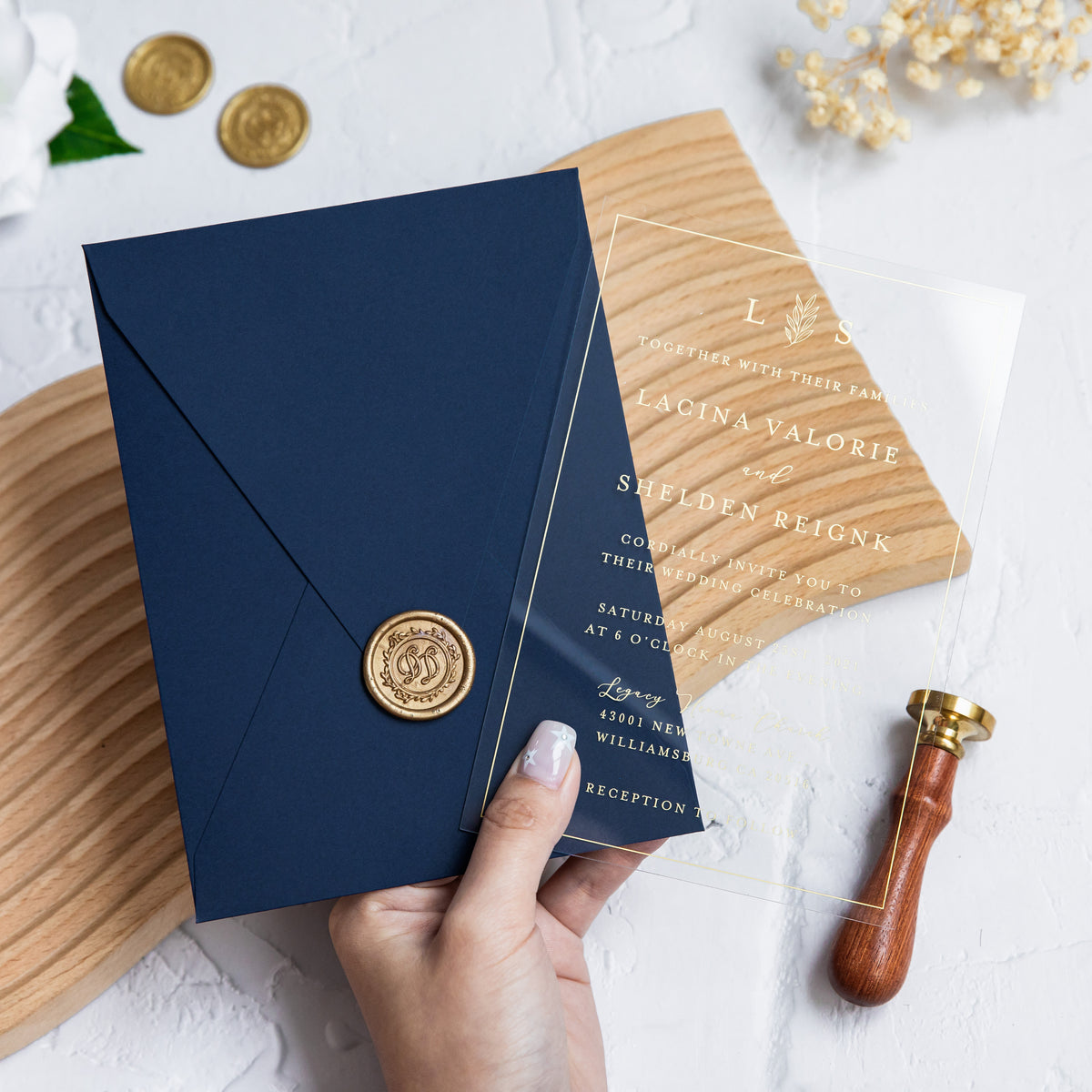 PONATIA 1mm/0.04'' Foil Print in Gold Clear Acrylic Wedding Invitation Cards and Navy Blue Envelopes