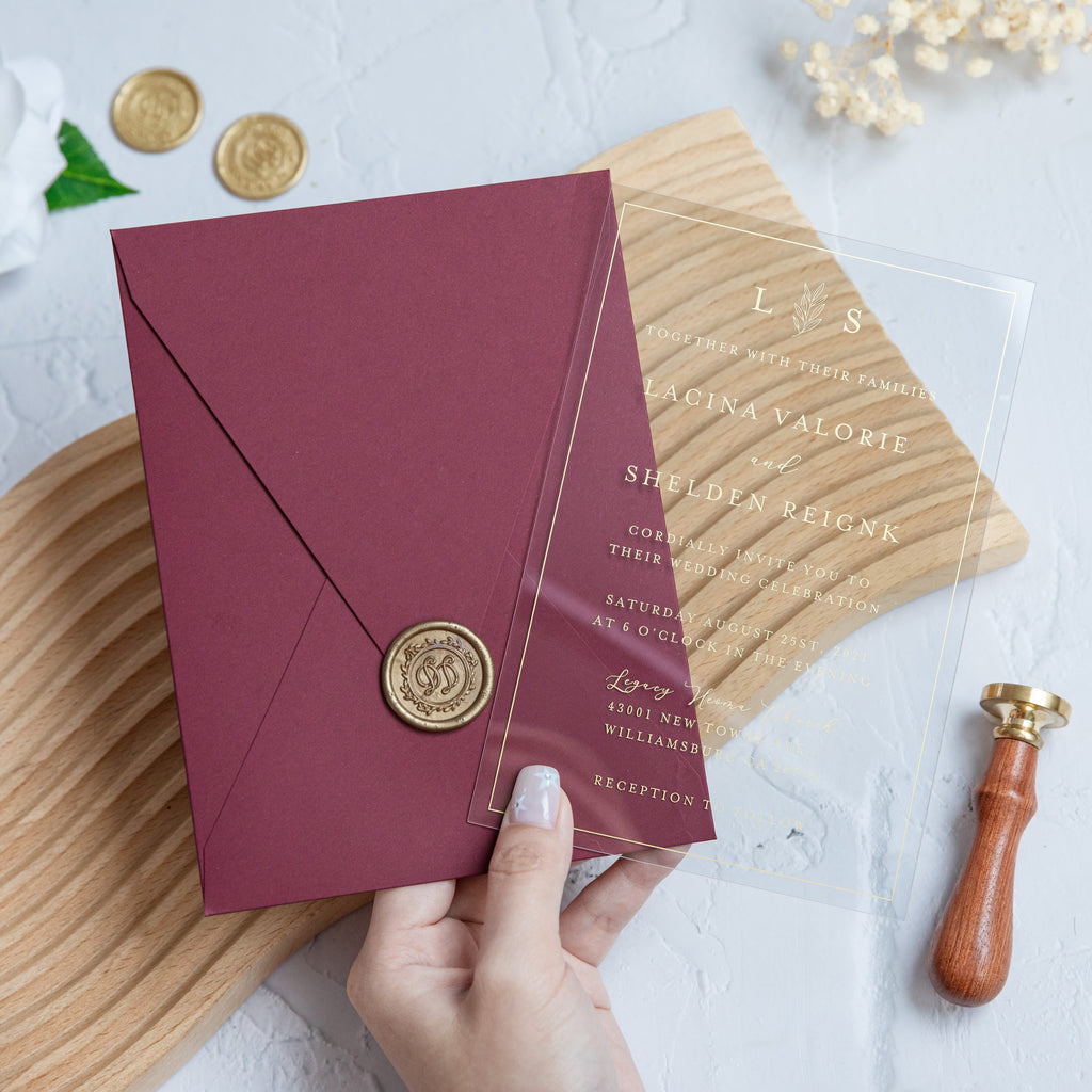 PONATIA 1mm/0.04'' Foil Print in Gold Clear Acrylic Wedding Invitation Cards and Burgundy Envelopes