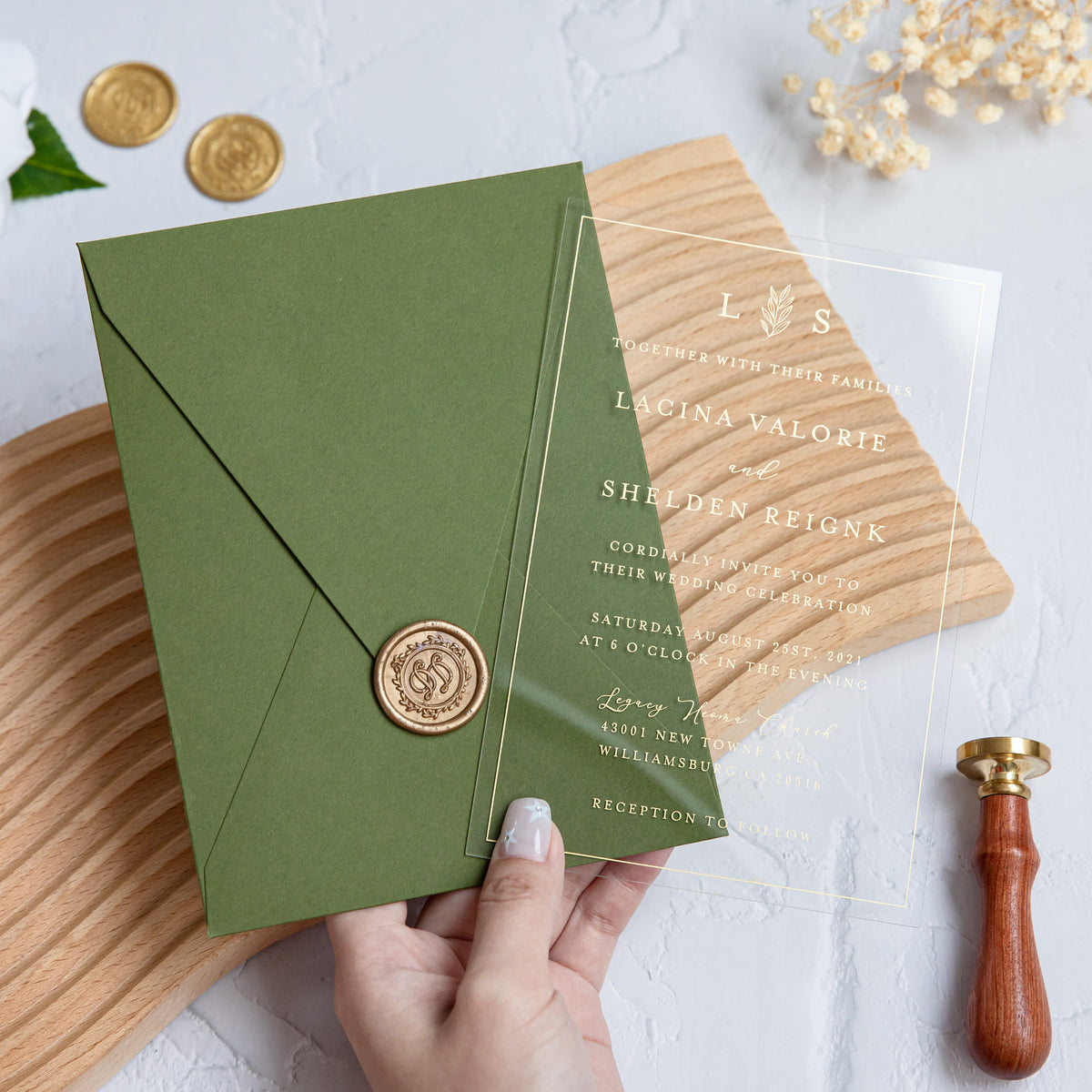 PONATIA 1mm/0.04'' Foil Print in Gold Clear Acrylic Wedding Invitation Cards and Olive Green Envelopes