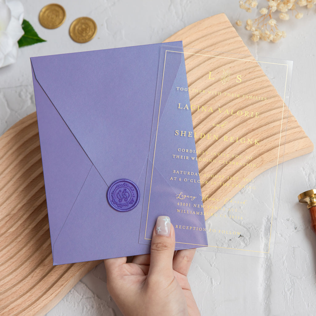 PONATIA 1mm/0.04'' Foil Print in Gold Clear Acrylic Wedding Invitation Cards and Lilac Envelopes