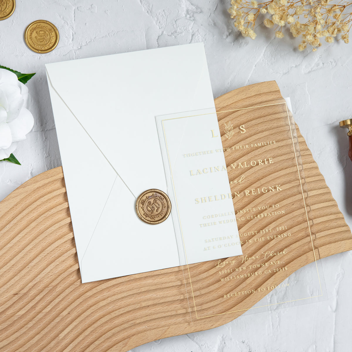 PONATIA 1mm/0.04'' Foil Print in Gold Clear Acrylic Wedding Invitation Cards and Ivory Envelopes