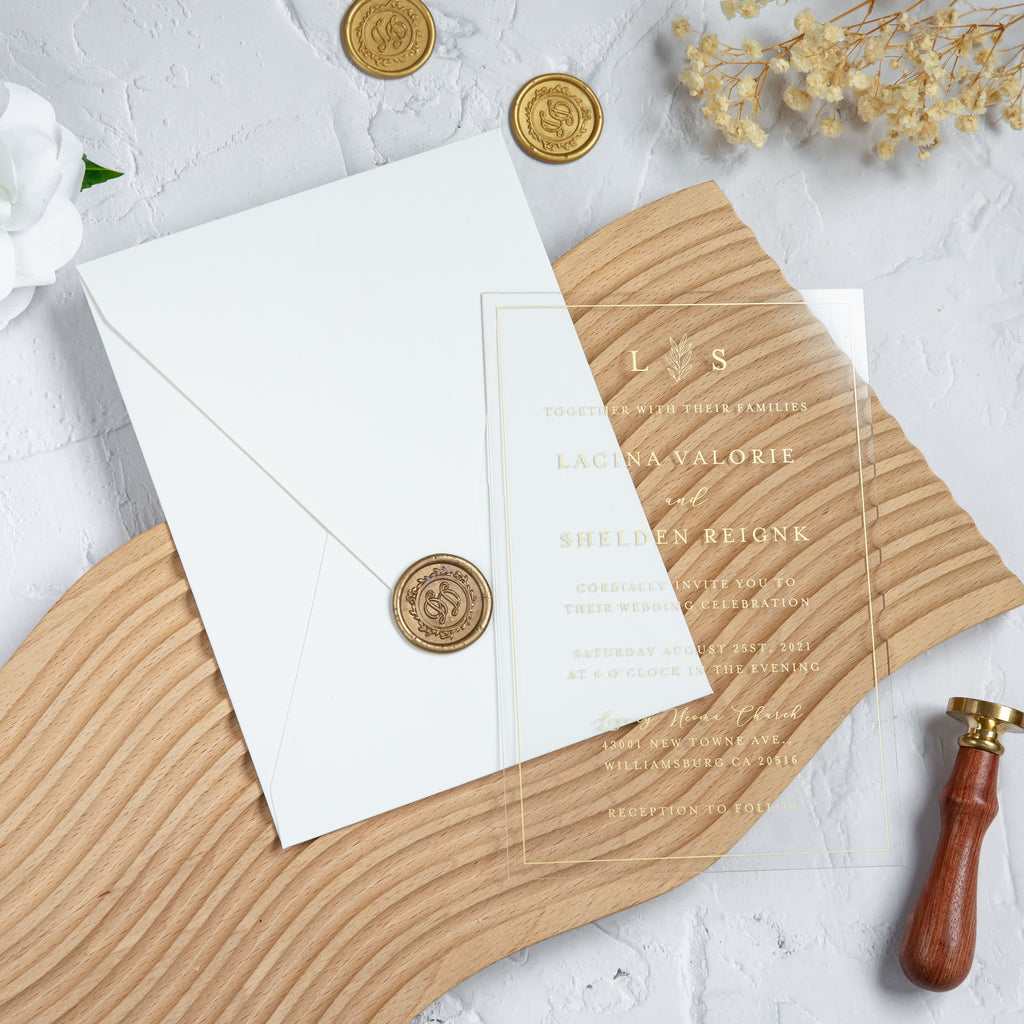 PONATIA 1mm/0.04'' Foil Print in Gold Clear Acrylic Wedding Invitation Cards and Ivory Envelopes