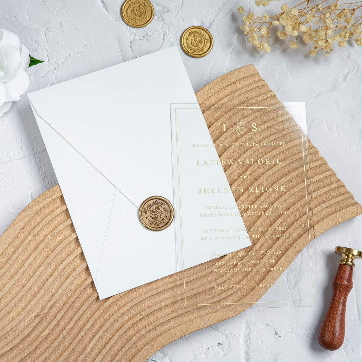 PONATIA 1mm/0.04'' Foil Print in Gold Clear Acrylic Wedding Invitation Cards and Ivory Envelopes