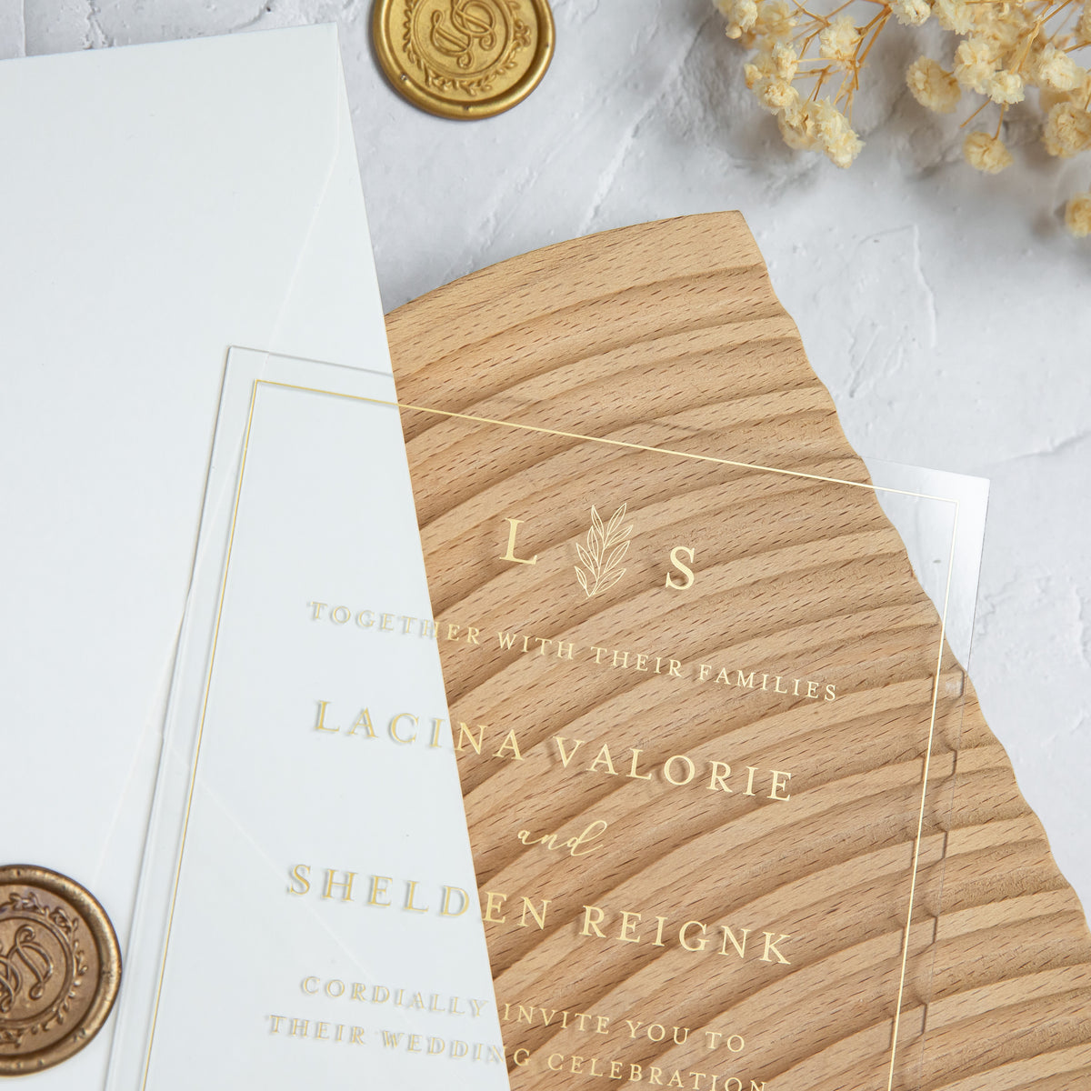 PONATIA 1mm/0.04'' Foil Print in Gold Clear Acrylic Wedding Invitation Cards and Ivory Envelopes