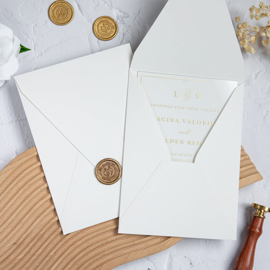 PONATIA 1mm/0.04'' Foil Print in Gold Clear Acrylic Wedding Invitation Cards and Ivory Envelopes