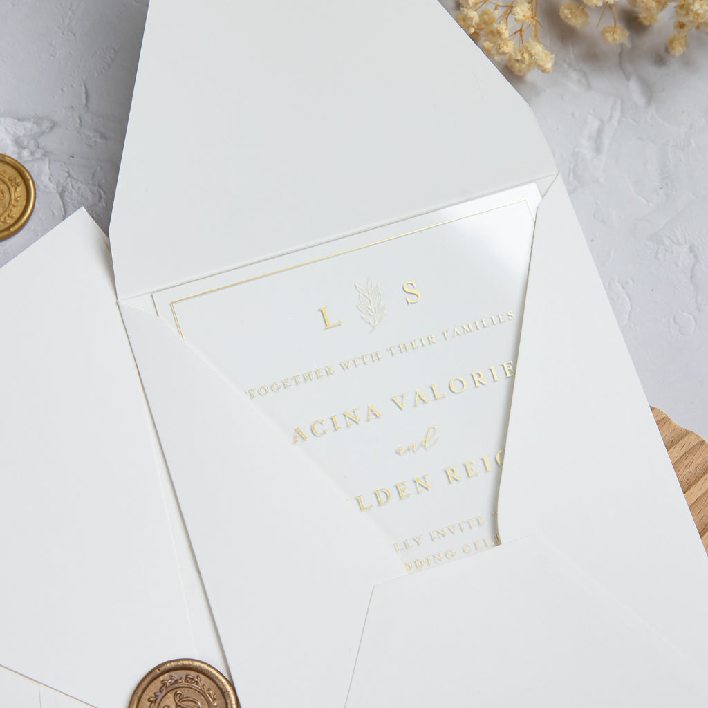PONATIA 1mm/0.04'' Foil Print in Gold Clear Acrylic Wedding Invitation Cards and Ivory Envelopes