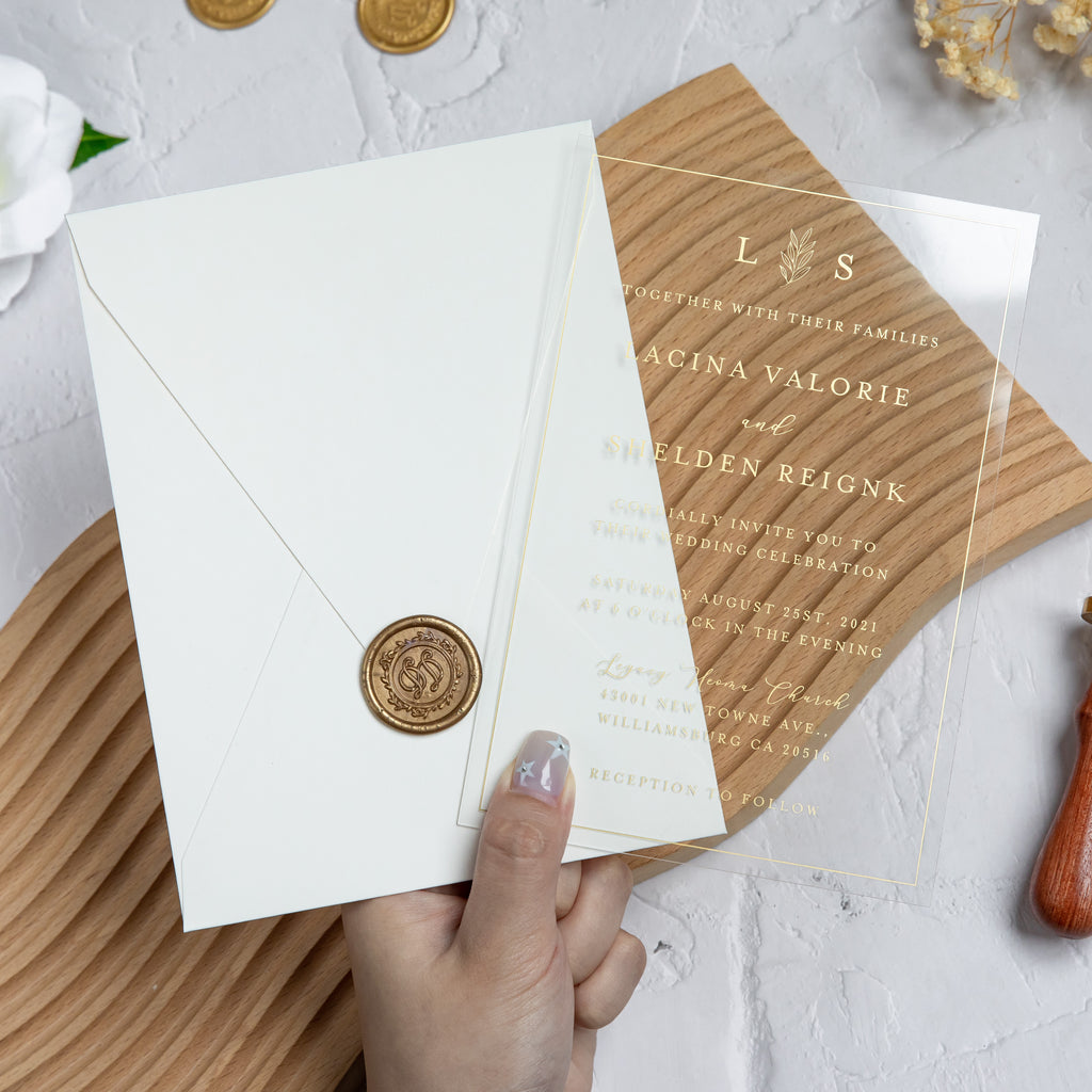 PONATIA 1mm/0.04'' Foil Print in Gold Clear Acrylic Wedding Invitation Cards and Ivory Envelopes