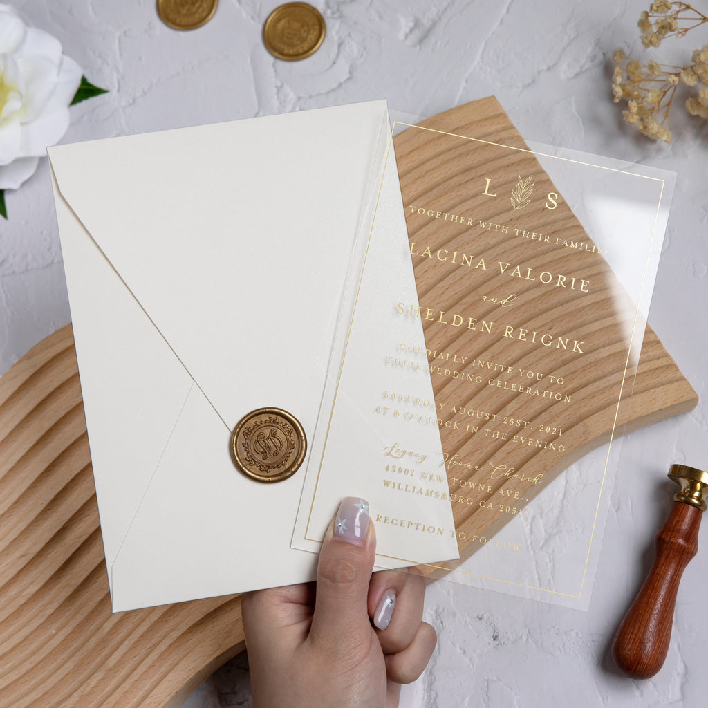 PONATIA 1mm/0.04'' Foil Print in Gold Clear Acrylic Wedding Invitation Cards and Shinny Ivory Envelopes