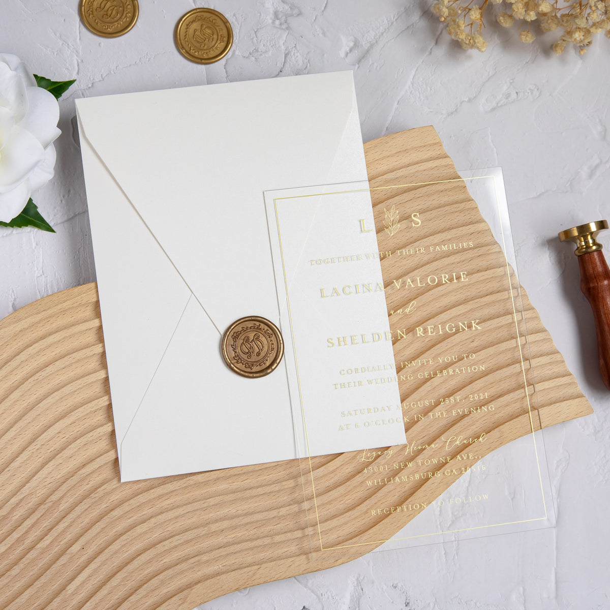 PONATIA 1mm/0.04'' Foil Print in Gold Clear Acrylic Wedding Invitation Cards and Shinny Ivory Envelopes