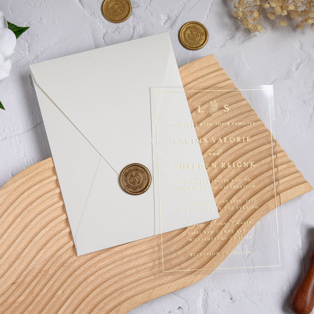 PONATIA 1mm/0.04'' Foil Print in Gold Clear Acrylic Wedding Invitation Cards and Shinny Ivory Envelopes