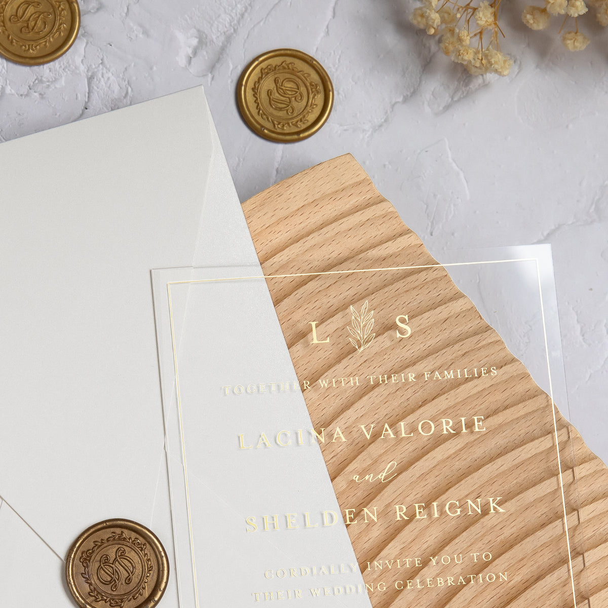 PONATIA 1mm/0.04'' Foil Print in Gold Clear Acrylic Wedding Invitation Cards and Shinny Ivory Envelopes