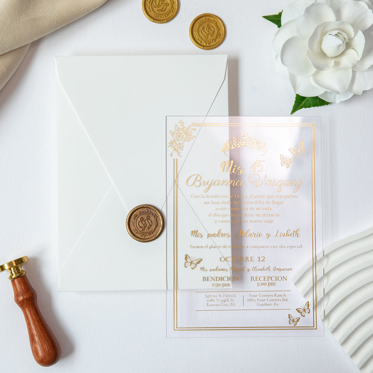 PONATIA 1mm/0.04'' Foil Print in Gold Clear Acrylic  Quinceanera Invitation Cards  and Ivory Envelopes