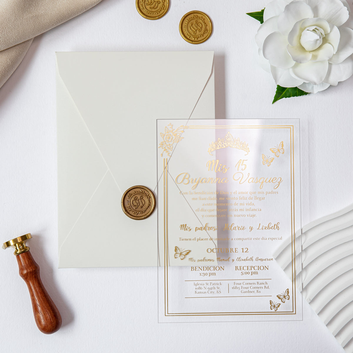 PONATIA 1mm/0.04'' Foil Print in Gold Clear Acrylic  Quinceanera Invitation Cards  and Shinny Ivory Envelopes