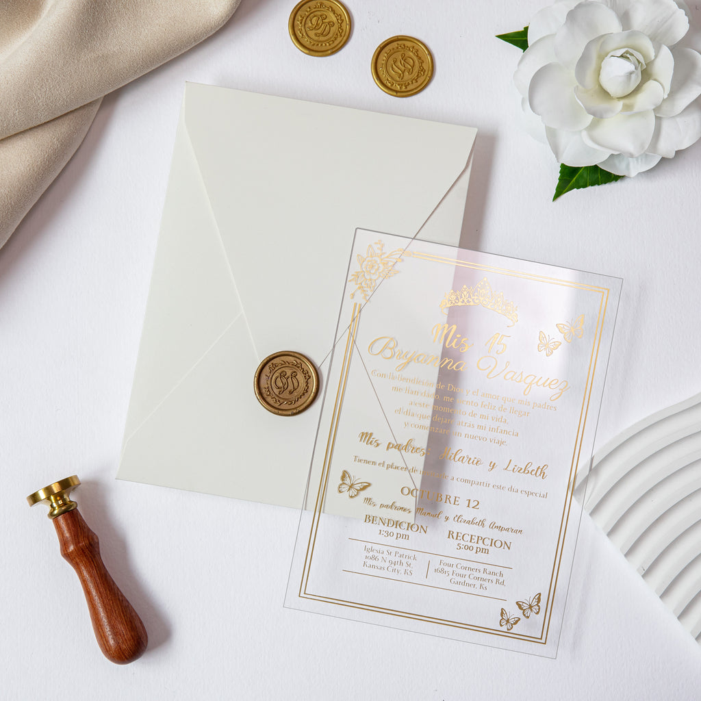 PONATIA 1mm/0.04'' Foil Print in Gold Clear Acrylic  Quinceanera Invitation Cards  and Shinny Ivory Envelopes