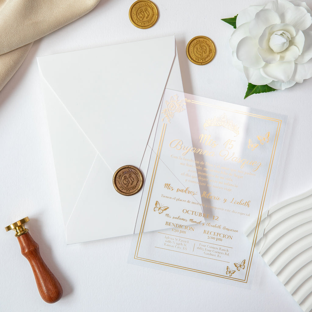 PONATIA 1mm/0.04'' Foil Print in Gold Clear Acrylic  Quinceanera Invitation Cards  and Ivory Envelopes