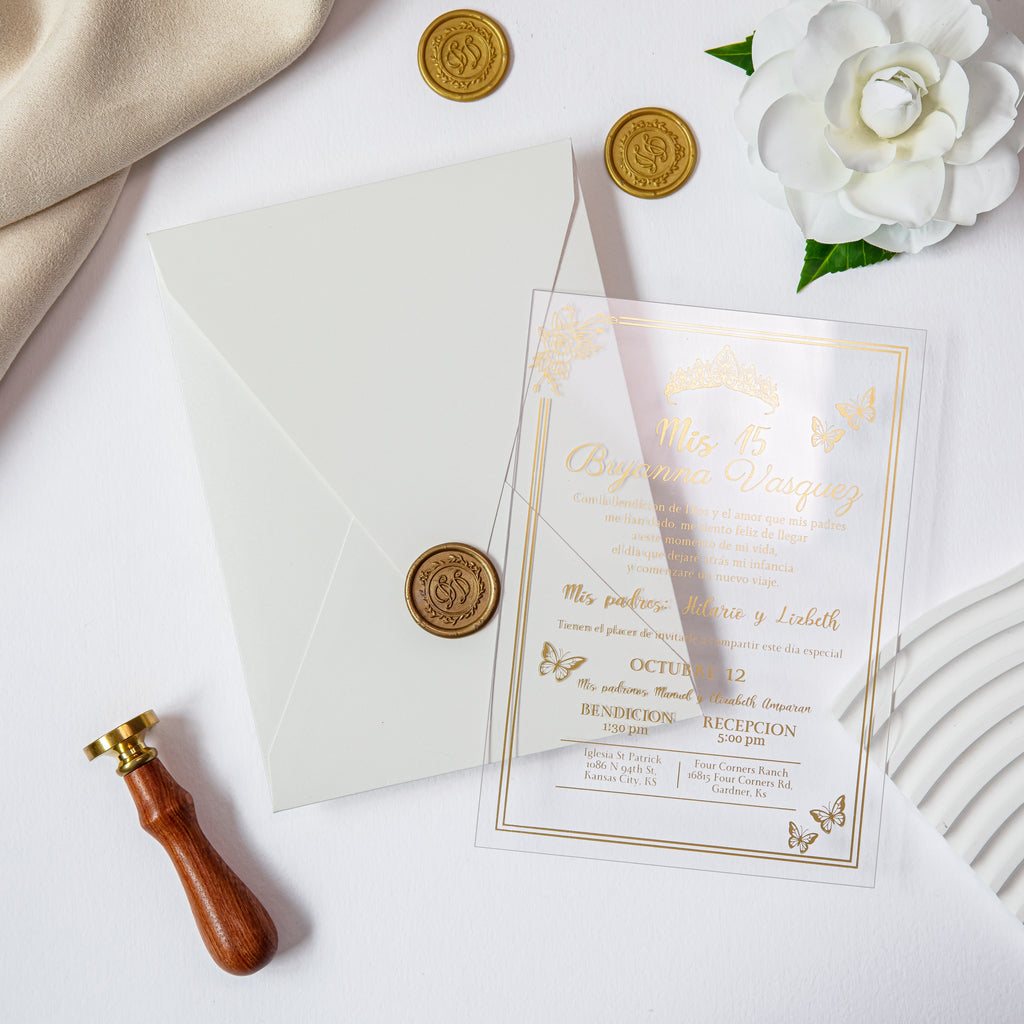 PONATIA 1mm/0.04'' Foil Print in Gold Clear Acrylic  Quinceanera Invitation Cards  and Shinny Ivory Envelopes