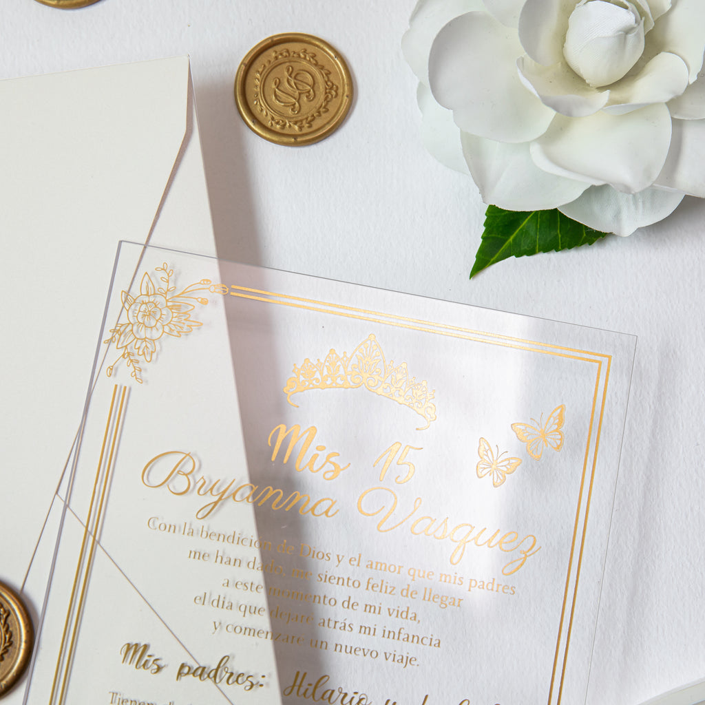 PONATIA 1mm/0.04'' Foil Print in Gold Clear Acrylic  Quinceanera Invitation Cards  and Shinny Ivory Envelopes