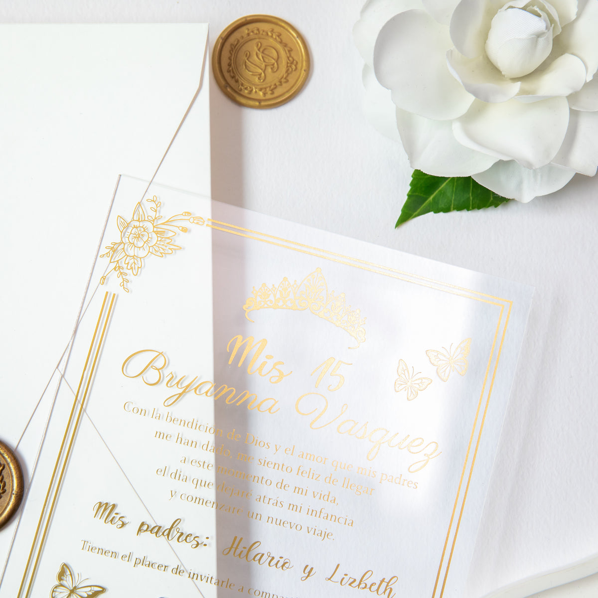 PONATIA 1mm/0.04'' Foil Print in Gold Clear Acrylic  Quinceanera Invitation Cards  and Ivory Envelopes